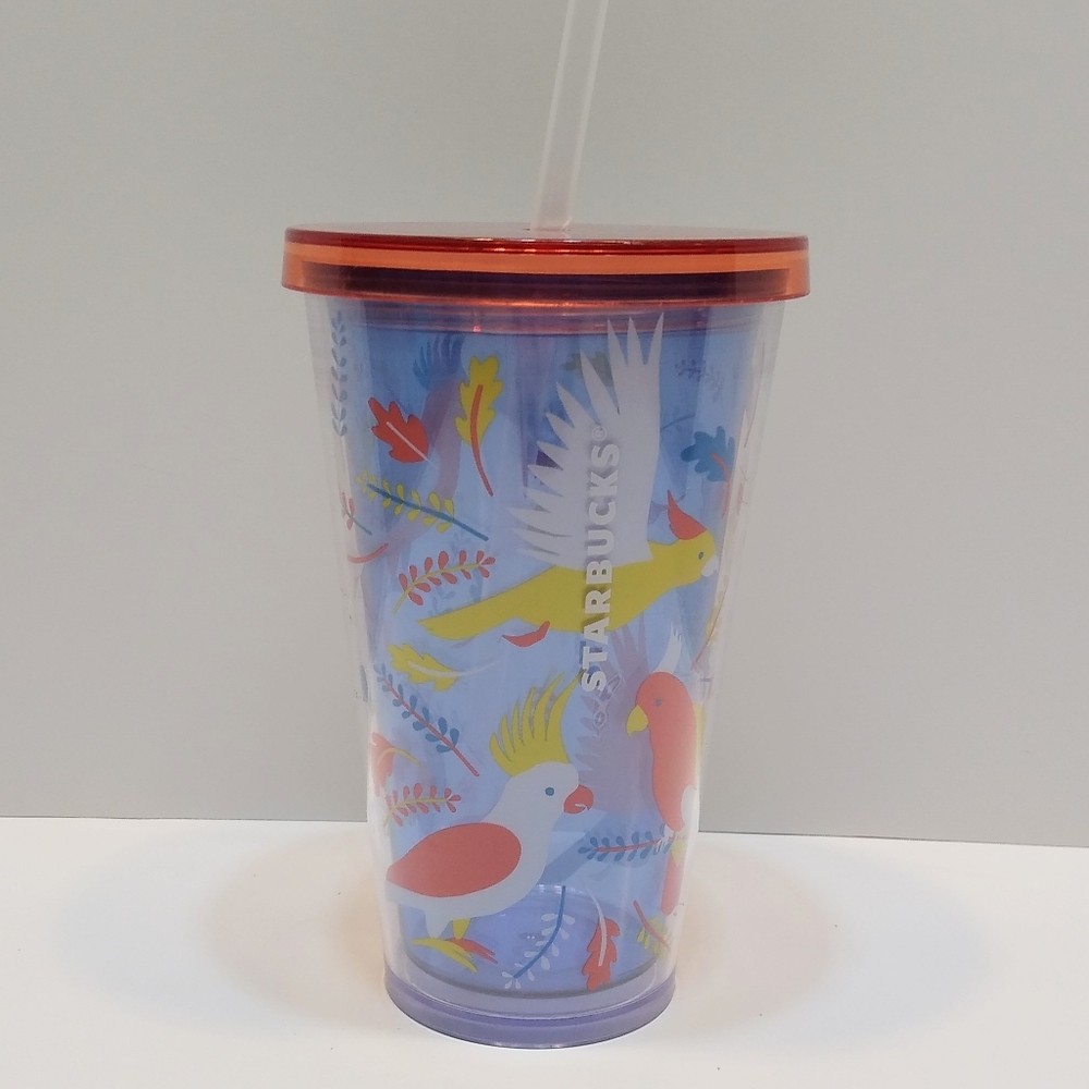 Starbucks Tropical Birds travel cup w/lid & straw. Insulated cup.
